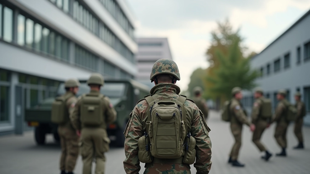 Deutscher Soldat in Uniform bei Inspektionsgang auf Militärgelände