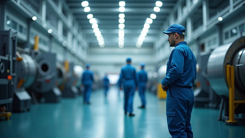 Moderne Rüstungsfabrik mit Produktionsanlagen und Industrierobotern bei der Fertigung