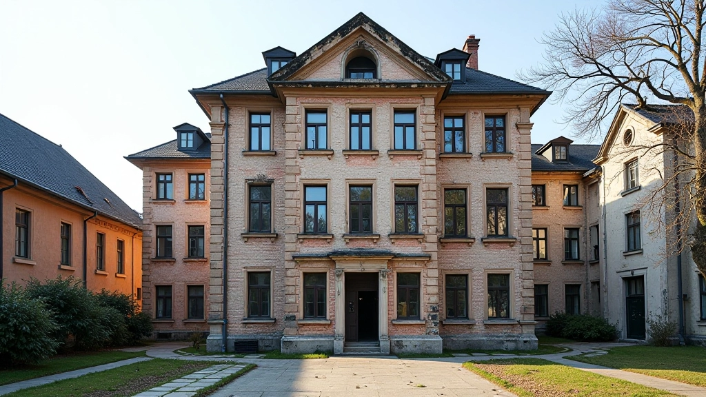 Älteres Schulgebäude mit sichtbarem Sanierungsbedarf, Mauern und Fassade abgeblättert